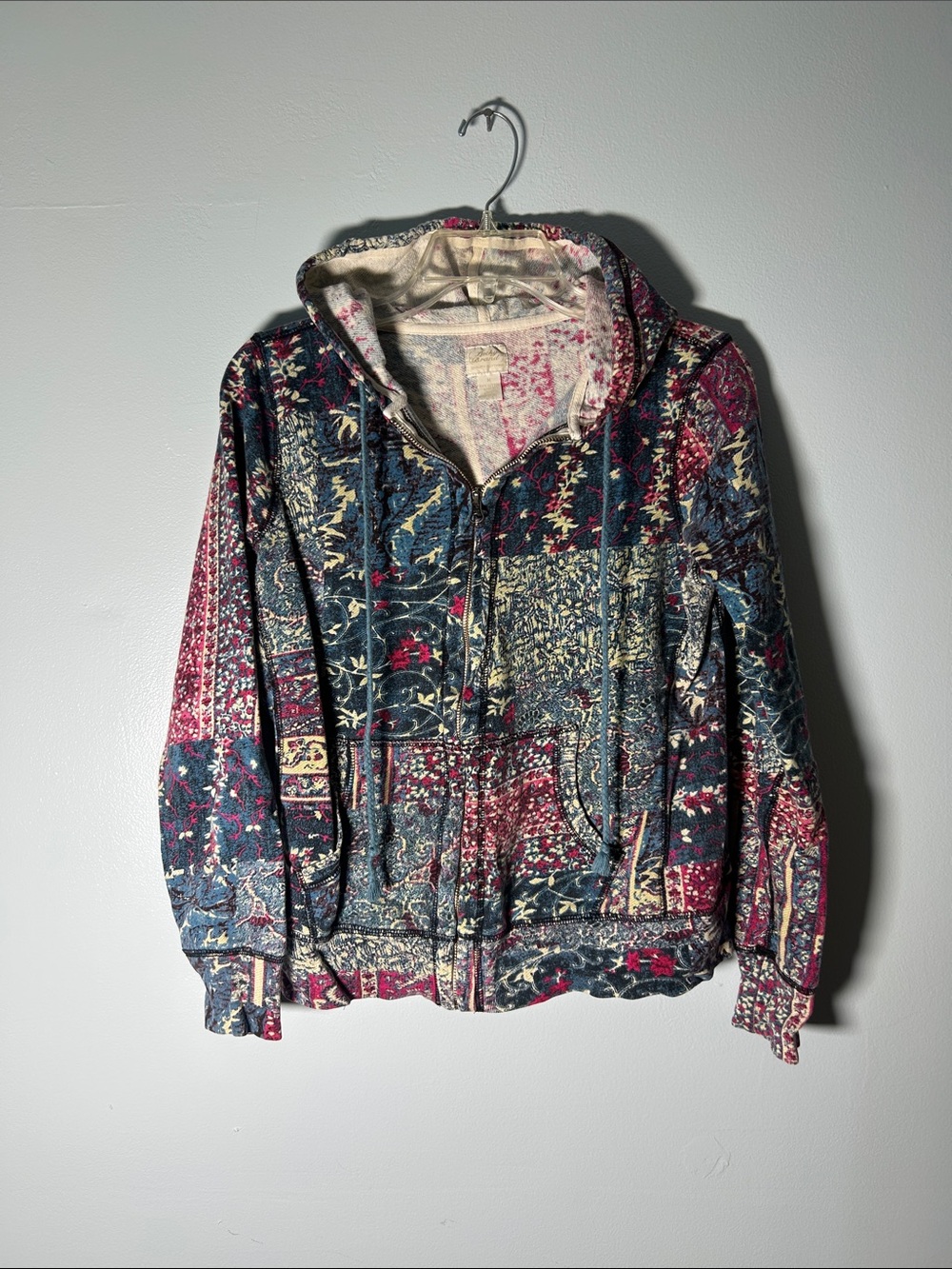 Lucky Brand Patchwork Quilt Pattern Hooded Jacket in Navy & Burgundy